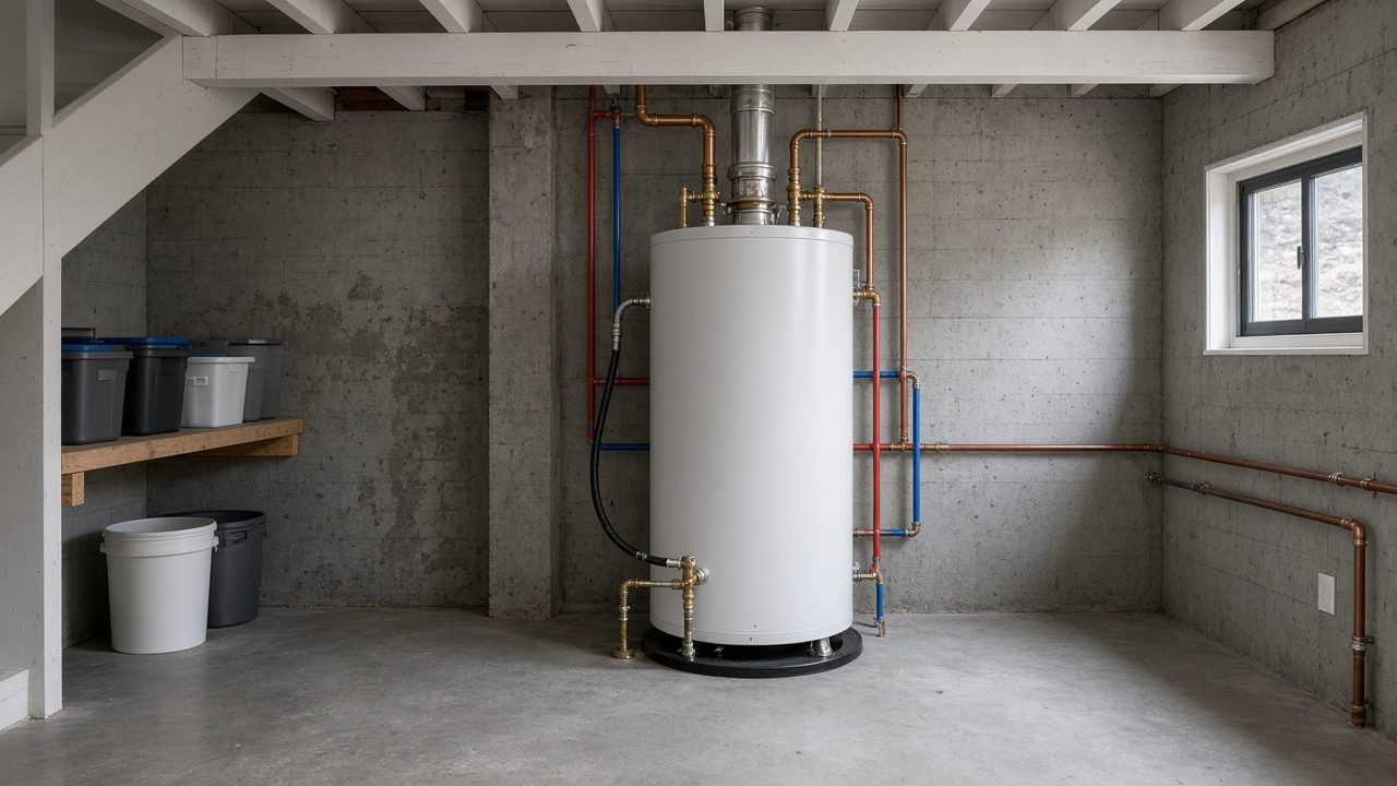 Tank water heater in a clean basement utility room with copper supply lines