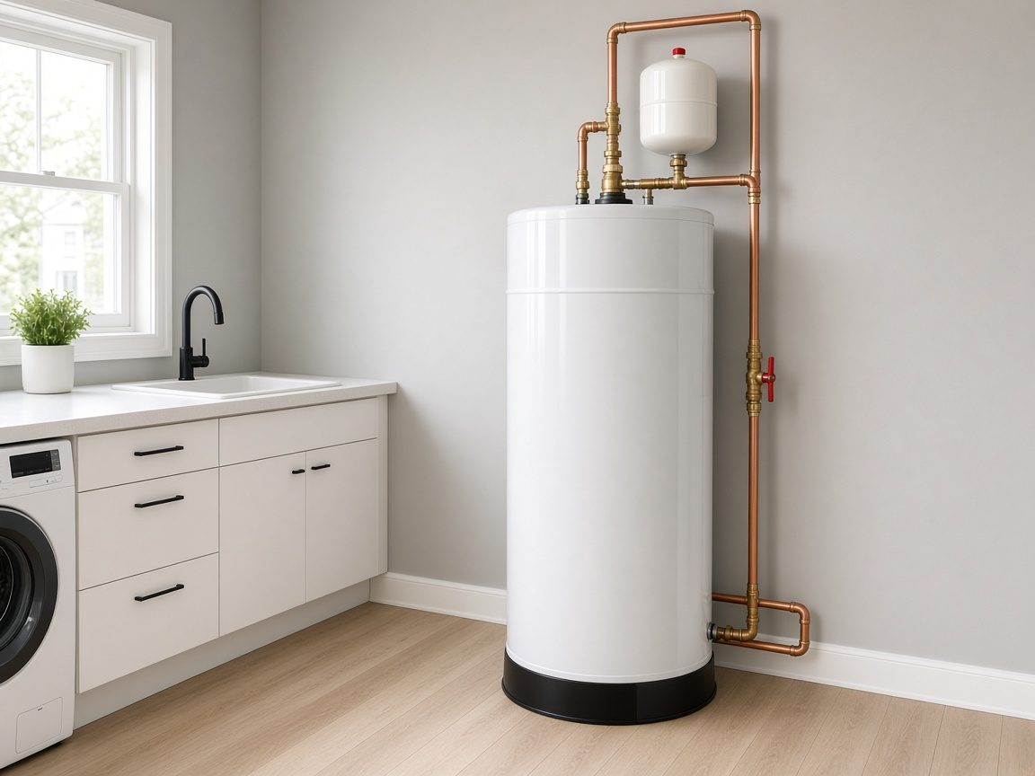 Newly installed tank water heater with copper lines and expansion tank in a home utility room