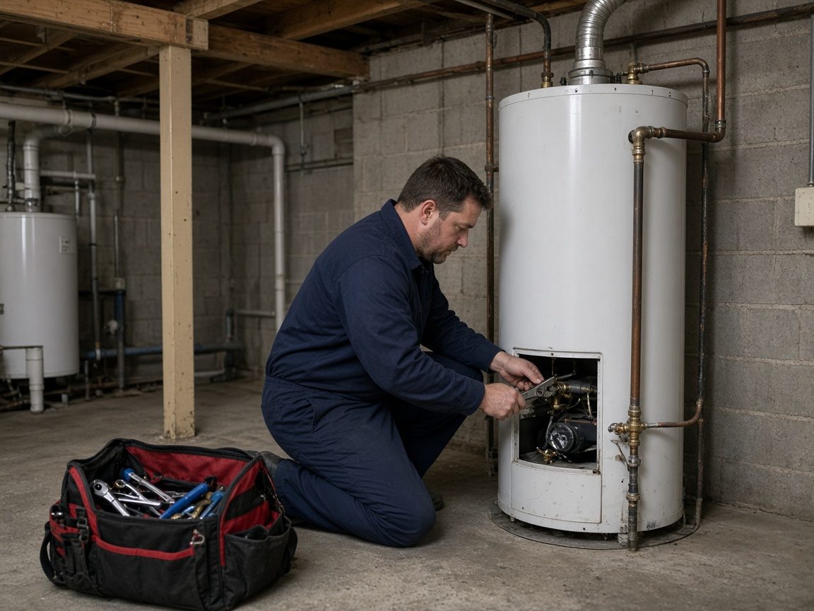 Plumber kneeling beside a residential gas water heater, adjusting parts behind the access panel